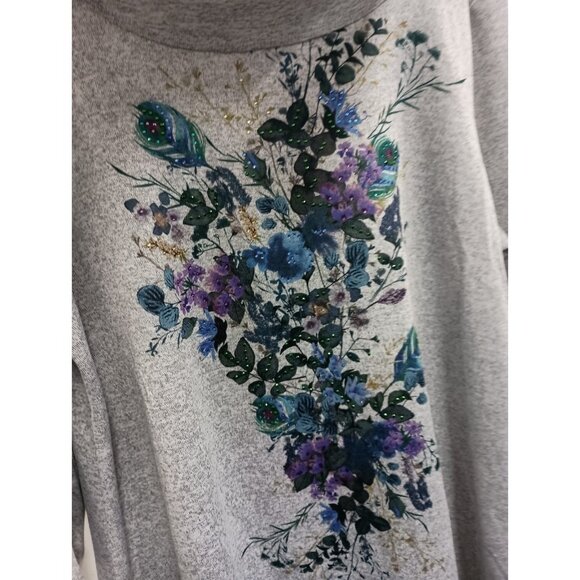 Indigo Soul Wearable Art Tunic Top Womens XL Gray Floral Embellished Cowl Neck - Picture 3 of 11